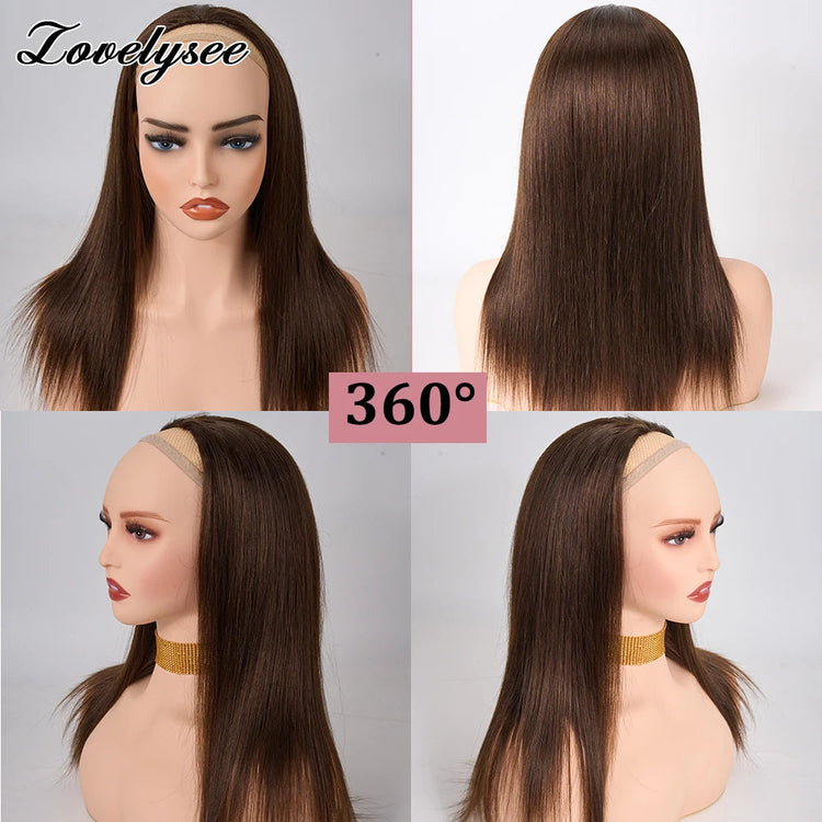 Lovelysee 3/4 Half Wig Human Hair With Clip in Hair Extensions Silky Straight Remy Hair Brown Color Soft 150% 180% Wig For Women Khamik Shop Online