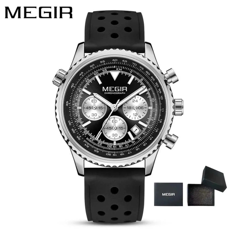 MEGIR Silver Black Quartz Watch Men Military Sport Chronograph Wristwatch with Silicone Strap Luminous Hands Auto Date 2236 Khamik Shop Online