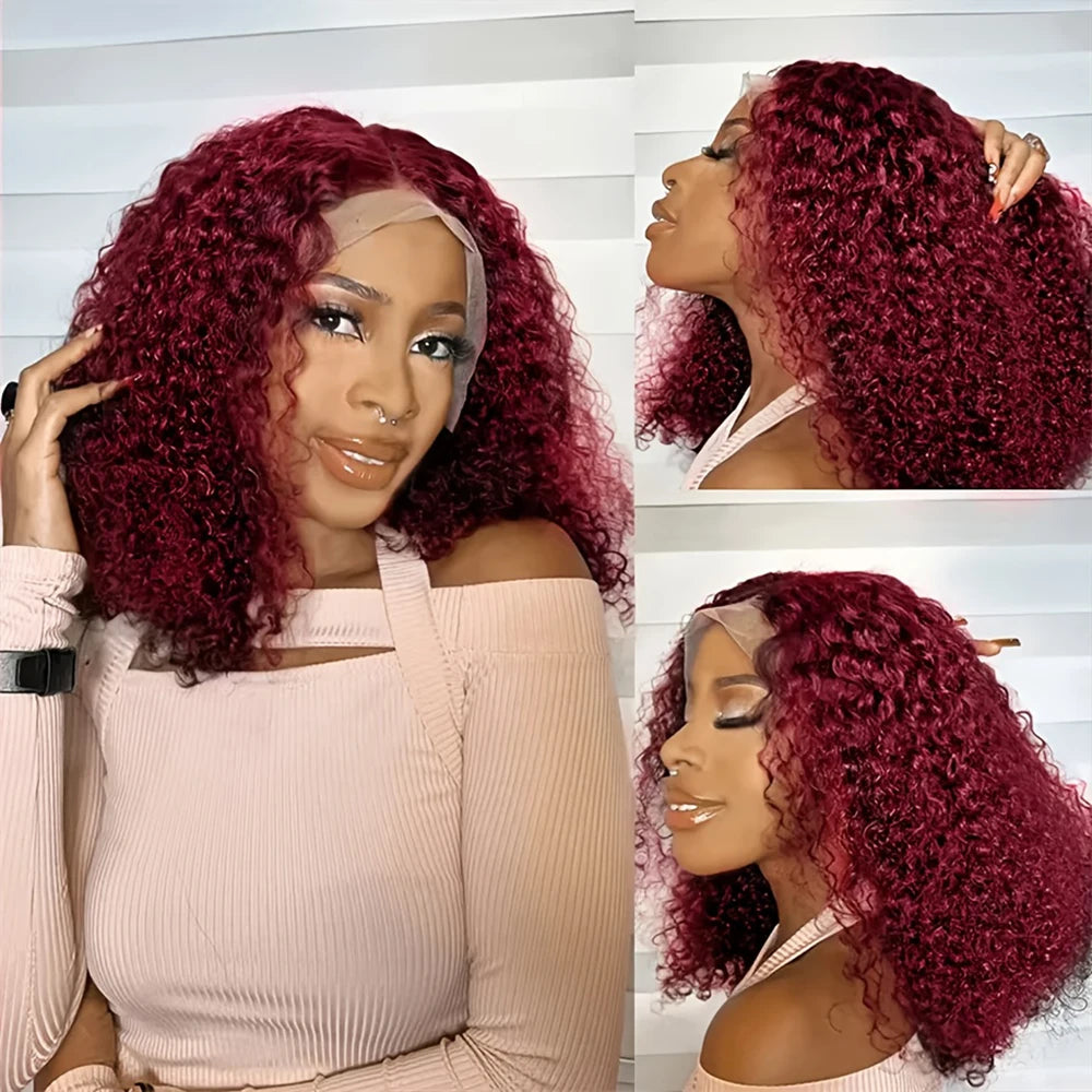 99J Burgundy Color Deep Wave Short Bob Human Hair Wigs 13x4 Lace Front Wig 10-16 Inch 100% Human Hair Curly Bob Wig 250% Density Khamik Shop Online