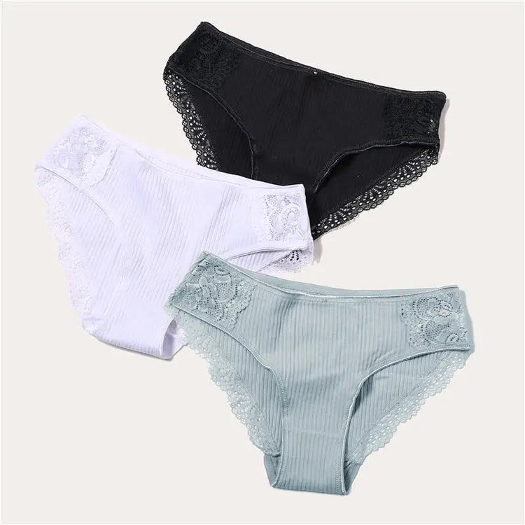 3PCS/Set 6 Color Women Panties Cotton Lace Briefs Solid Color for Female Striped Sexy Cotton Underwear Lingerie Low Waist Flower Khamik Shop Online