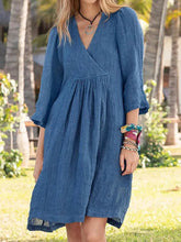 Cotton And Linen Dress For Women 2024 Autumn 3/4 Sleeve Casual Loose Solid Color V-neck Midi Dresses Elegant Women&