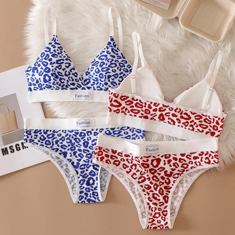 Women Push-Up Bra And Panties Set V-neck Non-wire Bra Low Waist Briefs Female Sexy Lingerie Cotton Leopard Print Underwear Set Khamik Shop Online