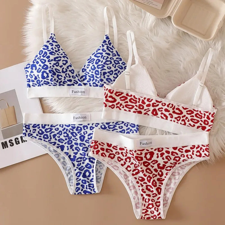 Women Push-Up Bra And Panties Set V-neck Non-wire Bra Low Waist Briefs Female Sexy Lingerie Cotton Leopard Print Underwear Set Khamik Shop Online