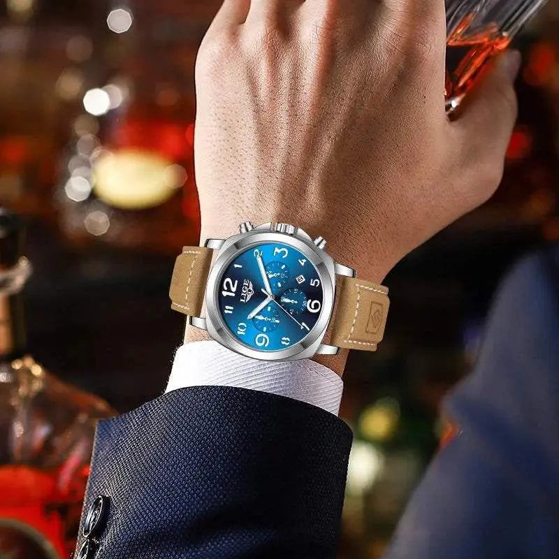 LIGE Casual Outdoor Quartz Man Watch Fashion Sport Waterproof Luminous Auto Date Leather Strap Wristwatch for Men Male Gifts Box Khamik Shop Online