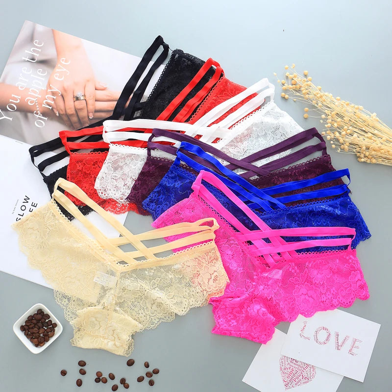 New Arrive Women Sexy Lace Panties Ladies Cross Strap Flower Lace Lingerie Female Briefs Thongs G-String Lingerie Sexy Underwear