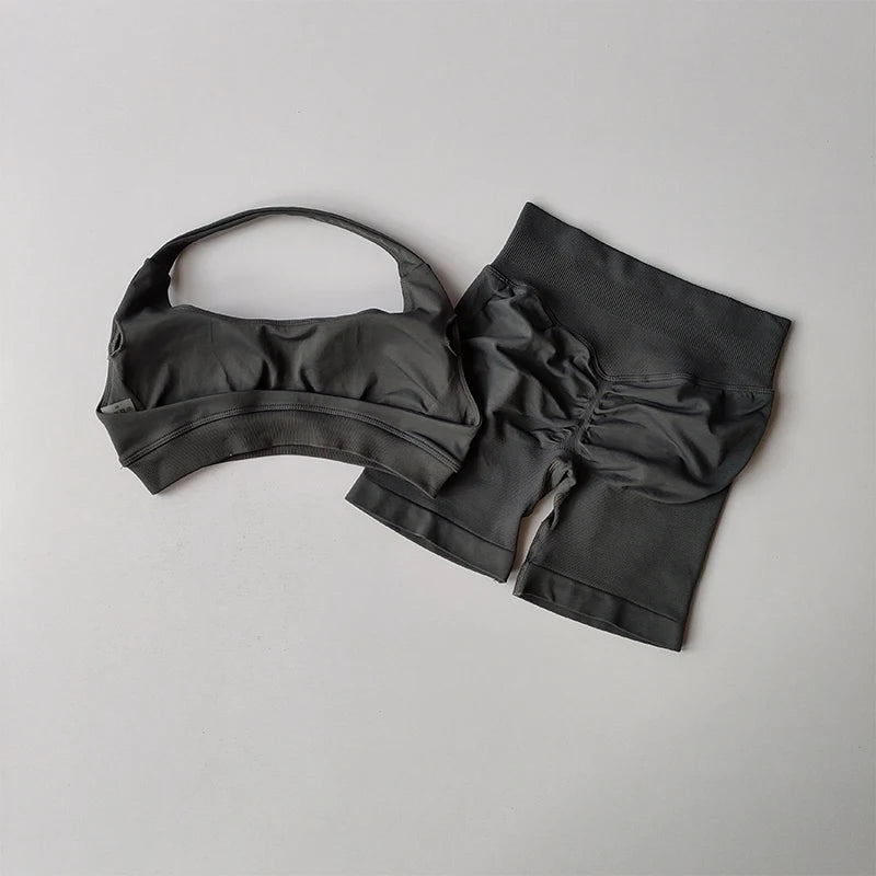 Sexy Halter Neck Beautiful Back High Waist Peach Sports Bras Shorts Suit Pilates Gathering Yoga Vest Training Fitness Bra Sets Khamik Shop Online