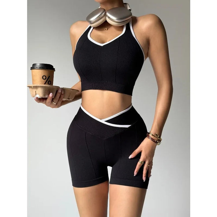 Women Seamless Fitness Yoga Set Outdoor Cycling Set Fashion Cross Waist Sports Leggings Gym Trainning Vest Butt Liftting Shorts Khamik Shop Online