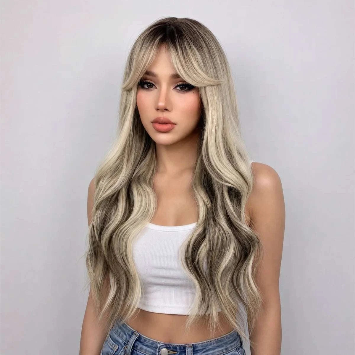 REEWES Ombre Blonde Long Black Wavy Synthetic Wig With Bang Daily Wear Anime Cosplay Khamik Shop Online