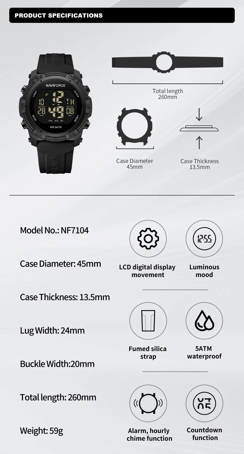 NF7104 Men'S LCD Digital Casual Date and Week Alarm Waterproof Silicone Strap Electronic Watch