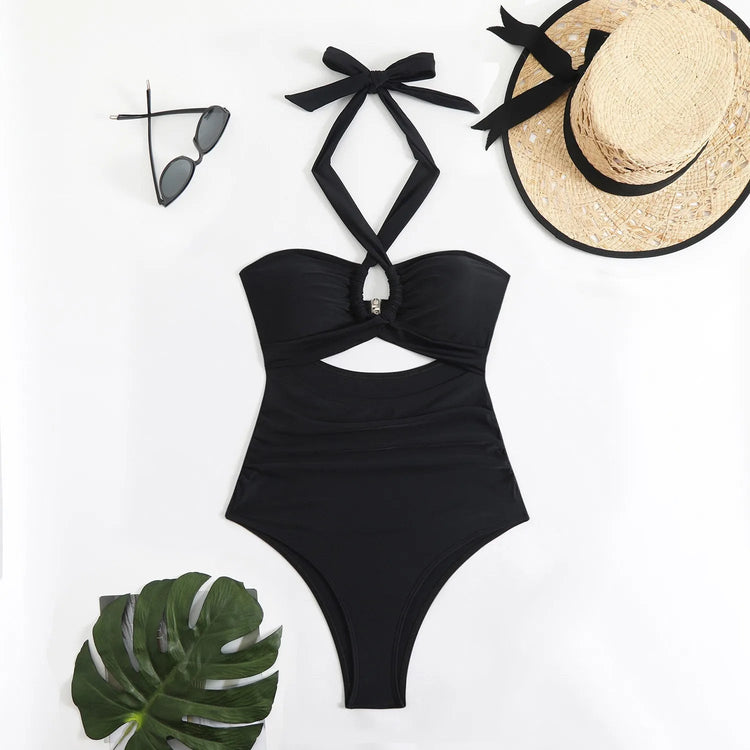Women Swimsuit Halter Neck Solid Swimsuit Backless Waist Cinching Bathing Suit Ruched Bust High Cut Swimwear Black Woman Khamik Shop Online