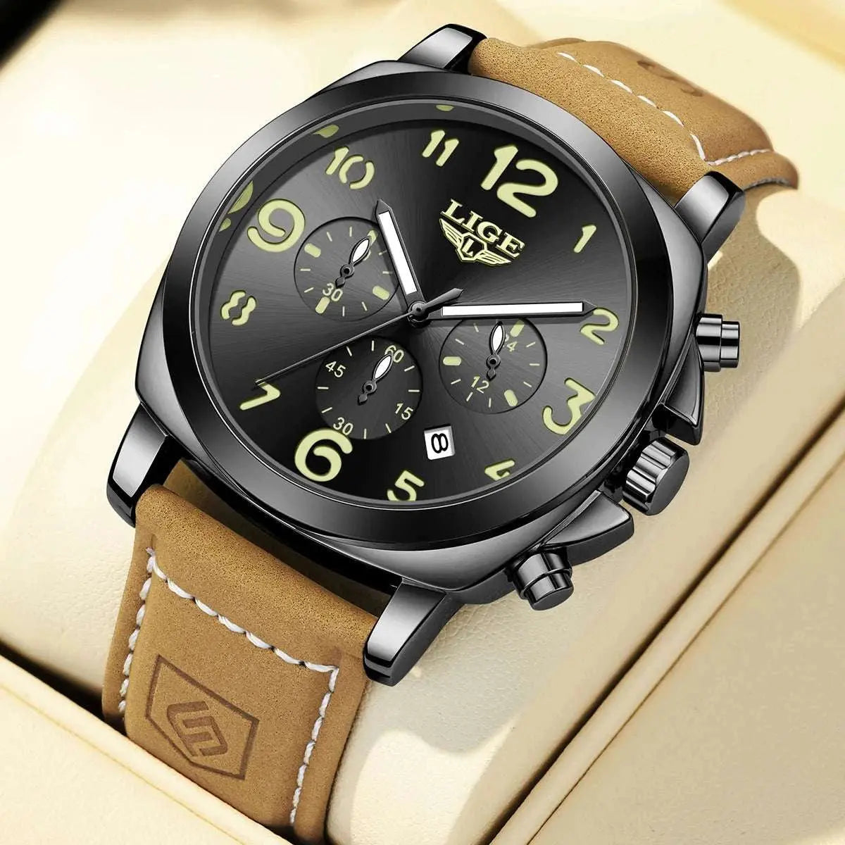 LIGE Casual Outdoor Quartz Man Watch Fashion Sport Waterproof Luminous Auto Date Leather Strap Wristwatch for Men Male Gifts Box Khamik Shop Online