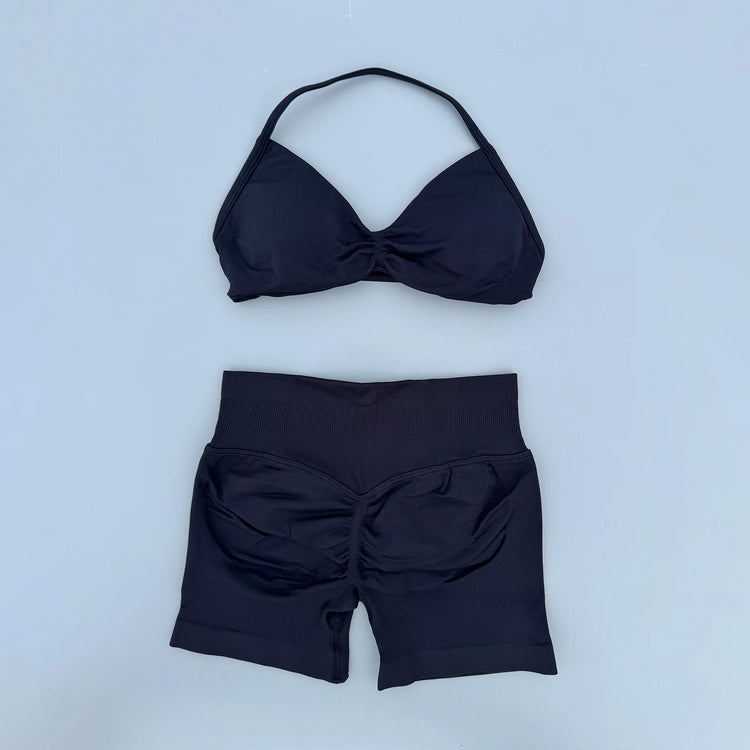 AURA SHARK Strappy Bra Gym Set Women High Support Thin Strap Seamless Halter Sports Scrunch Workout Yoga Set 2 Piece Khamik Shop Online