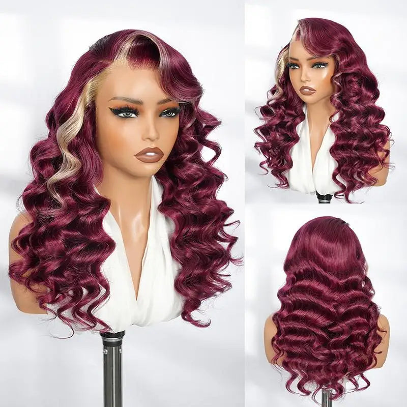 Alipearl Hair Side Part 13x4 Burgundy 99J Wig with Blonde Ombre Human Hair Lace Frontal Wig Ocean Wave Glueless Wig Pluck Khamik Shop Online
