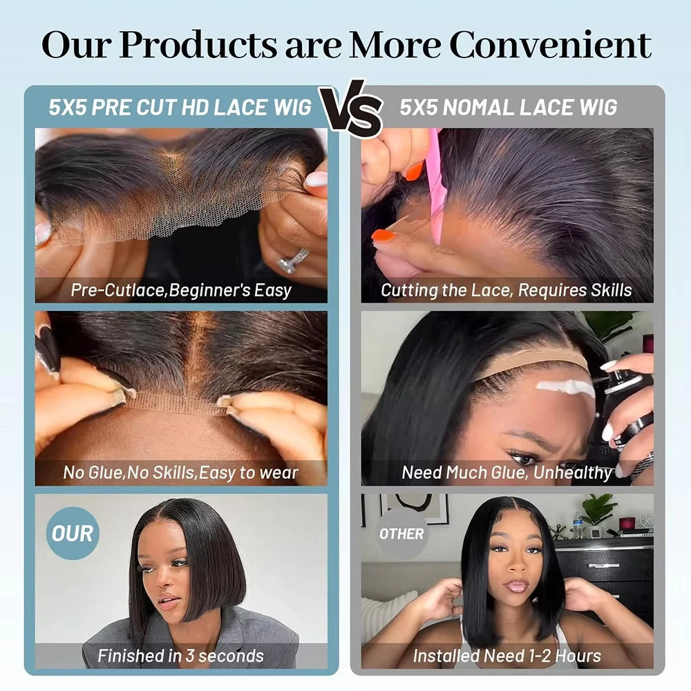 Glueless Wigs Human Hair Pre Plucked Wear and Go 5X5 Pre Cut HD Lace Closure Bob Wig Straight Short Bob Wig Human Hair for Women Khamik Shop Online