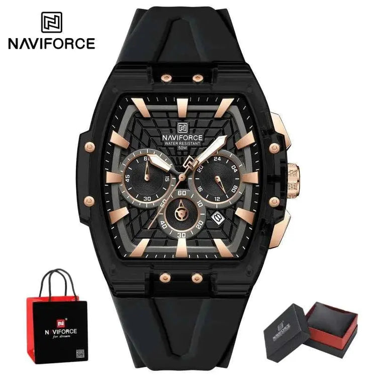 NAVIFORCE Mens Sport Watches 5ATM Waterproof Chronograph Tonneau Silicone Strap Luminous Casual Quartz Male Wristwatch Gifts box Khamik Shop Online