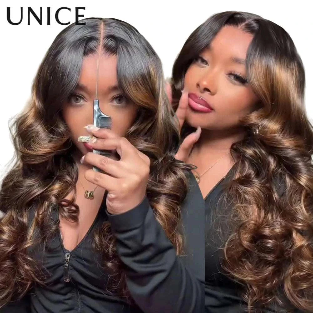 UNICE 7x5 Pre Cut Lace Balayage Brown Body Wave Glueless Wig Pre Plucked Bleached Knots Natural Hairline 100% Human Hair Wigs Khamik Shop Online