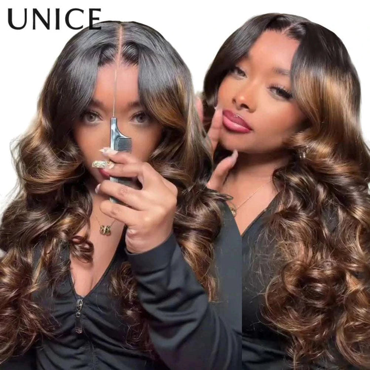 UNICE 7x5 Pre Cut Lace Balayage Brown Body Wave Glueless Wig Pre Plucked Bleached Knots Natural Hairline 100% Human Hair Wigs Khamik Shop Online