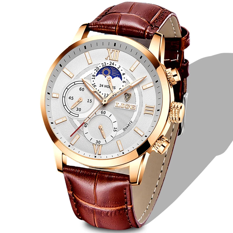 2026  Watches Mens Top Brand Luxury Clock Casual Leathe 24Hour Moon Phase Men Watch Sports Waterproof Quartz Chronograph+Box
