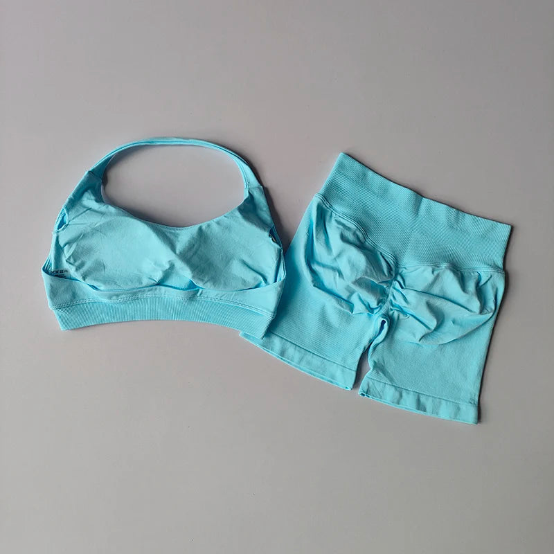Sexy Halter Neck Beautiful Back High Waist Peach Sports Bras Shorts Suit Pilates Gathering Yoga Vest Training Fitness Bra Sets Khamik Shop Online