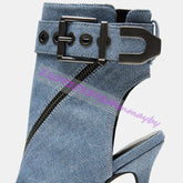 Summer Blue Denim Pointed-Toe Boots For Women Open-Toe Leather Belt Buckle Sandals Fashion Metal Pointed-Toe Zipper High Heels Khamik Shop Online