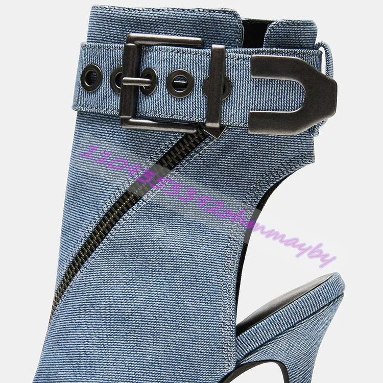 Summer Blue Denim Pointed-Toe Boots For Women Open-Toe Leather Belt Buckle Sandals Fashion Metal Pointed-Toe Zipper High Heels Khamik Shop Online