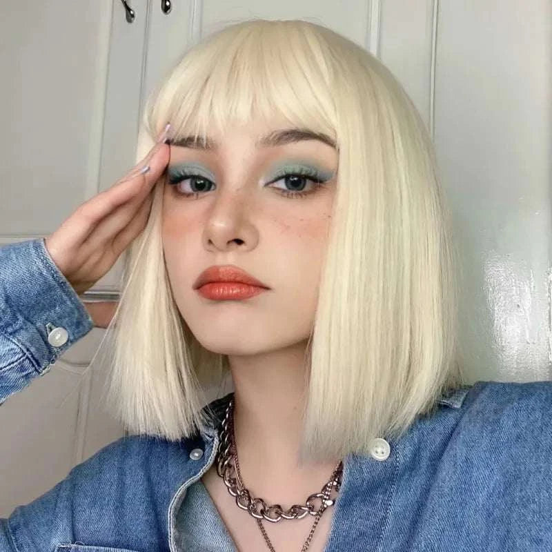 Light blonde fashion synthetic wig Short female Bob hair Female short straight high temperature silk wig head cover Khamik Shop Online