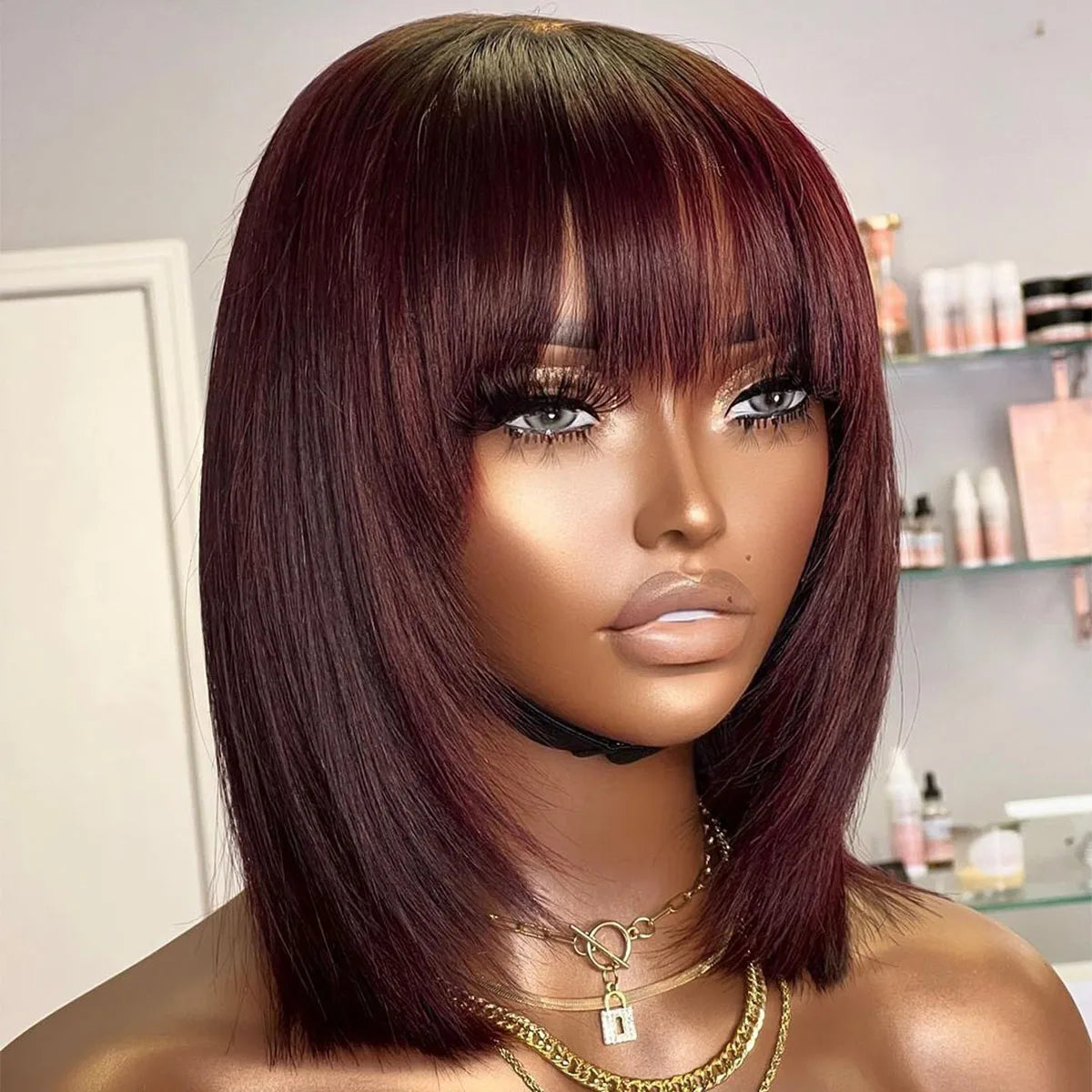 Short Bob Wig Layered with Bangs Straight Human Hair Bob with Bangs 400 Density Wig Human Hair Straight 99j Bob Wig For Women Khamik Shop Online