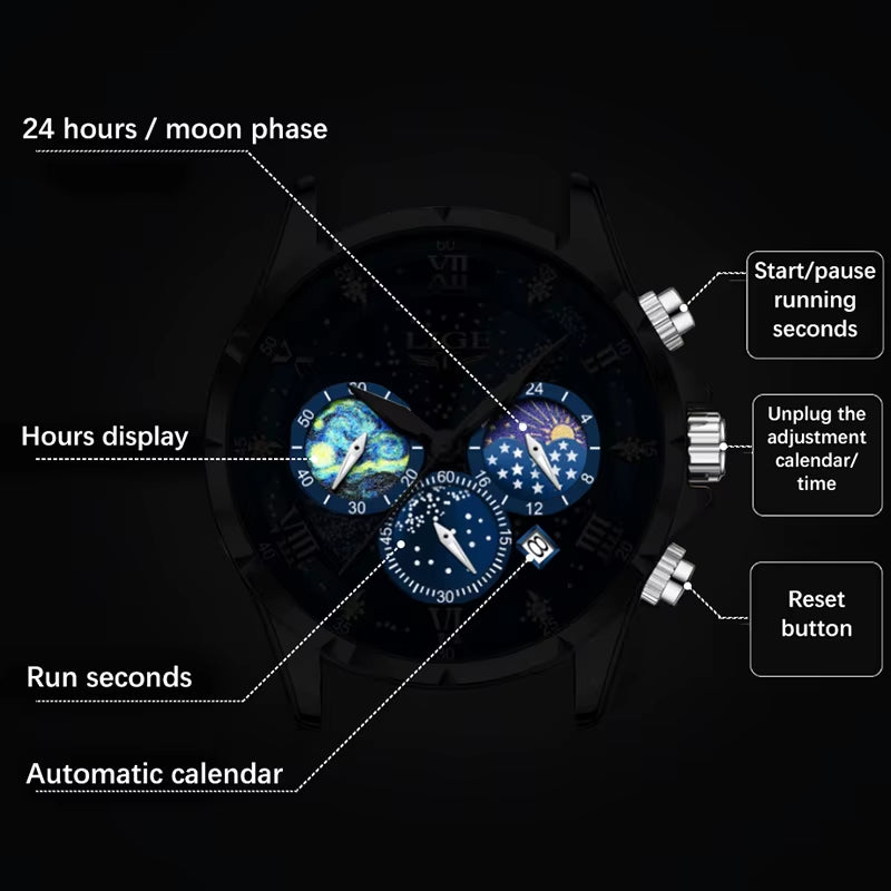 New  Mens Watch Luxury Moon Phase Waterproof Date Clock Casual Blue Leather Quartz Wristwatches Men Chronograph Reloj Hombre