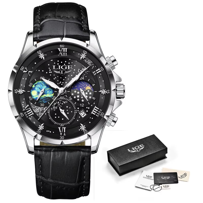 New  Mens Watch Luxury Moon Phase Waterproof Date Clock Casual Blue Leather Quartz Wristwatches Men Chronograph Reloj Hombre