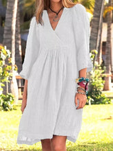 Cotton And Linen Dress For Women 2024 Autumn 3/4 Sleeve Casual Loose Solid Color V-neck Midi Dresses Elegant Women&