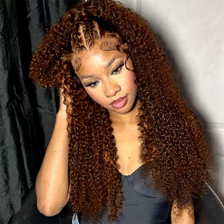 34 Inch Deep Wavy Lace Front Wig in Chocolate Brown Featuring 200 Density And 13X6 HD Lace. This Curly Human Hair Wig Is Ideal for Women And Comes with Pre-Added Natural Hair Threads in Shade 4 Brown Khamik Shop Online