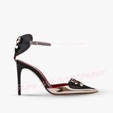 Gold Metal Rivets Splicing Stiletto Sandals Women Sexy Metallic Leather Ankle Strap Sandals Female Wedding Party Classy Footwear Khamik Shop Online