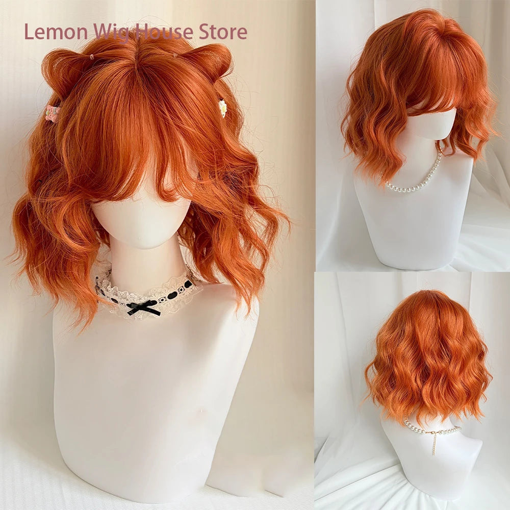 Short Wavy Orange Wig with Bangs 12inch Curly Hair Lolita High Quality Synthetic Wigs for Women Daily Cosplay Wig Heat Resistant Khamik Shop Online