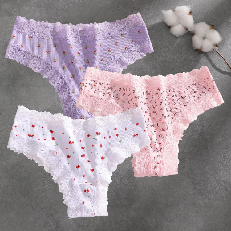 3Pcs Cotton Lace Patchwork Bikini Panties Women Seamless Floral Print Brazilian Pants Low Waist Breathable Female Sexy Lingerie Khamik Shop Online