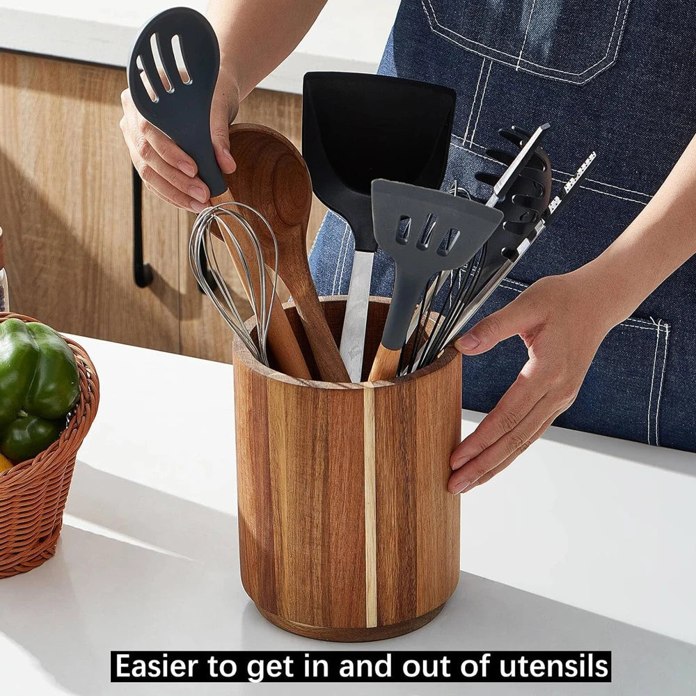Acacia Wood Utensil Holder for Kitchen Counter, 360° Rotating 7.2" Wooden Cooking Utensil Crock for Countertop Farmhouse Kitchen Khamik Shop Online