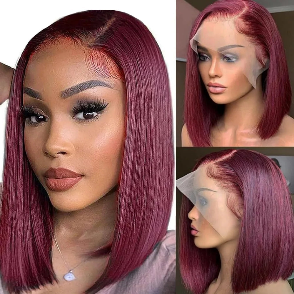 13x4 HD Lace Front Wigs 200 Density Preplucked Prebleached 99J Burgundy Colored 8-14 InchStraight Short Bob Human Hair Wigs Khamik Shop Online