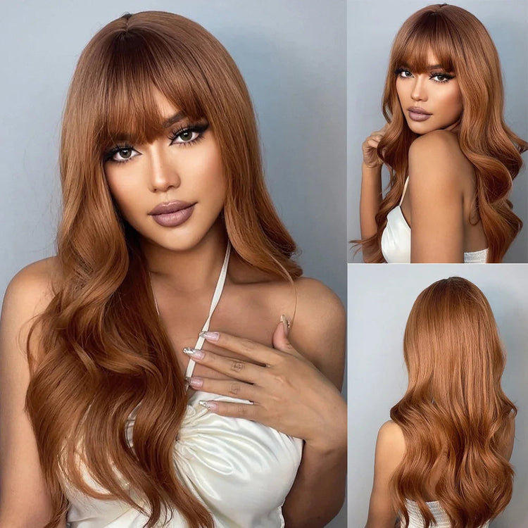 LOUIS FERRE Long Wavy Ombre Brown Wig with Bangs Synthetic Hair Wig Heat Resistant Daily Wear Office Party Cosplay Halloween Khamik Shop Online