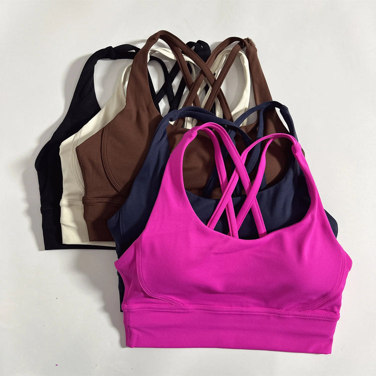 Solid Color Soft Cross Back Women Fitness Bra Tights Yoga Vest High Strength Shockproof Gym Sports Top Push Up With Chest Pad Khamik Shop Online