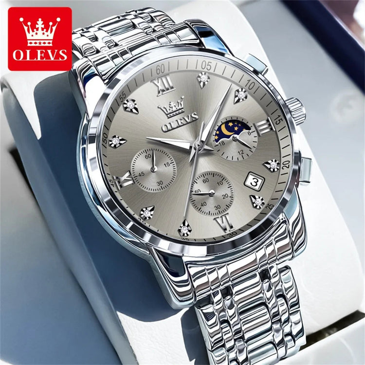 OLEVS 2858 Quartz Watch for Men Classic Three Eye Chronograph Small Dial 24 Hour Moon Phase Luxury Original Men&