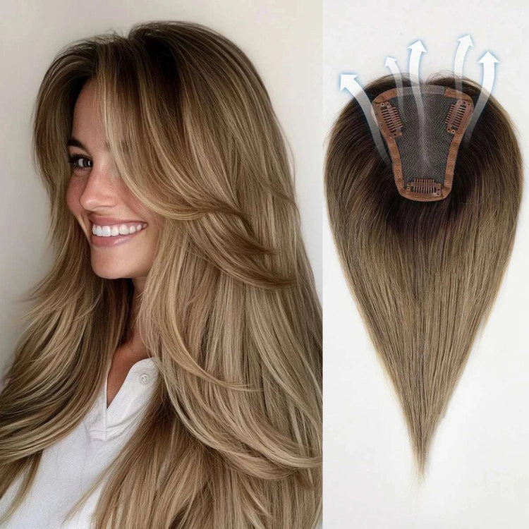 12 Inch Light Brown Ombre Middle Part Lace Front Topper 100% Remy Human Hair Topper Hair Pieces with Clips Extensions for Women Khamik Shop Online
