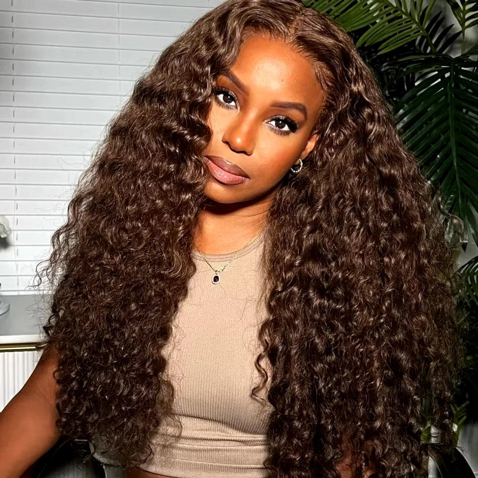 34 Inch Deep Wavy Lace Front Wig in Chocolate Brown Featuring 200 Density And 13X6 HD Lace. This Curly Human Hair Wig Is Ideal for Women And Comes with Pre-Added Natural Hair Threads in Shade 4 Brown Khamik Shop Online
