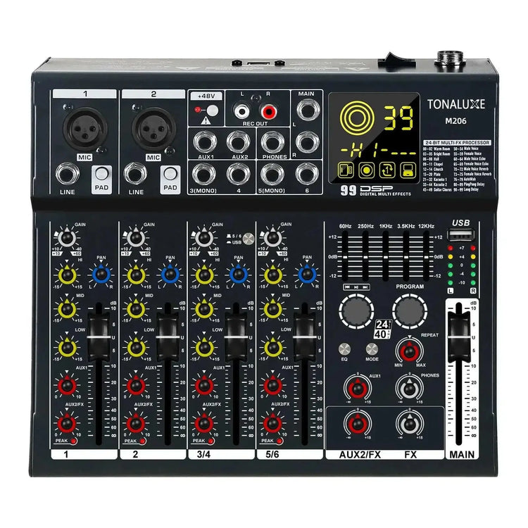 Fuluode M206/M208 Audio mixer 99 Preset DSP Effects 7-Band EQ Adjustment on Main Output Bluetooth USB MONO Input Connectivity Khamik Shop Online