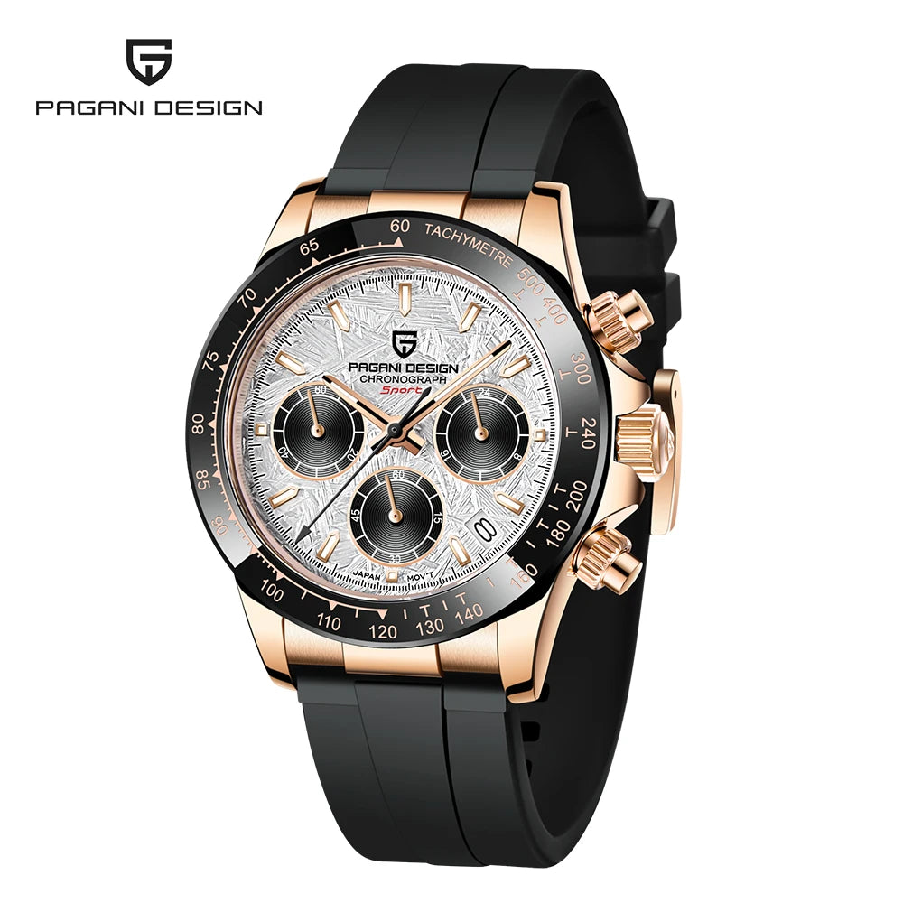 PAGANI DESIGN Men Quartz Chronograph Watch RoseGold Case Black Ceramic Bezel Brown Dial Rubber Strap Waterproof Sports watch+box Khamik Shop Online