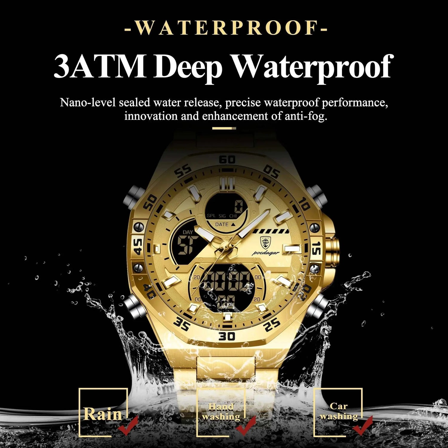 POEDAGAR Sport Men Watch LED Waterproof Week Date Digital Wristwatch Stainless Steel Quartz Military Men&
