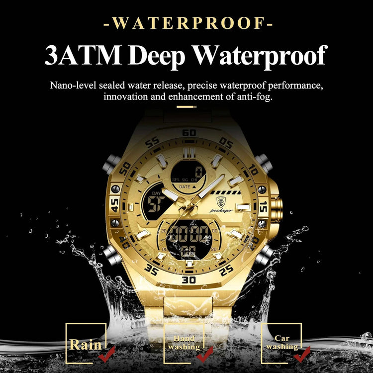POEDAGAR Sport Men Watch LED Waterproof Week Date Digital Wristwatch Stainless Steel Quartz Military Men&