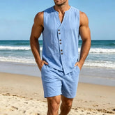 Men Simple Solid Linen Sleeveless Vest Shirt Shorts Set Summer Beach Casual Outfit Khamik Shop Online