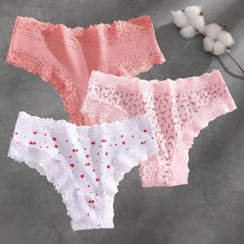 3Pcs Cotton Lace Patchwork Bikini Panties Women Seamless Floral Print Brazilian Pants Low Waist Breathable Female Sexy Lingerie Khamik Shop Online