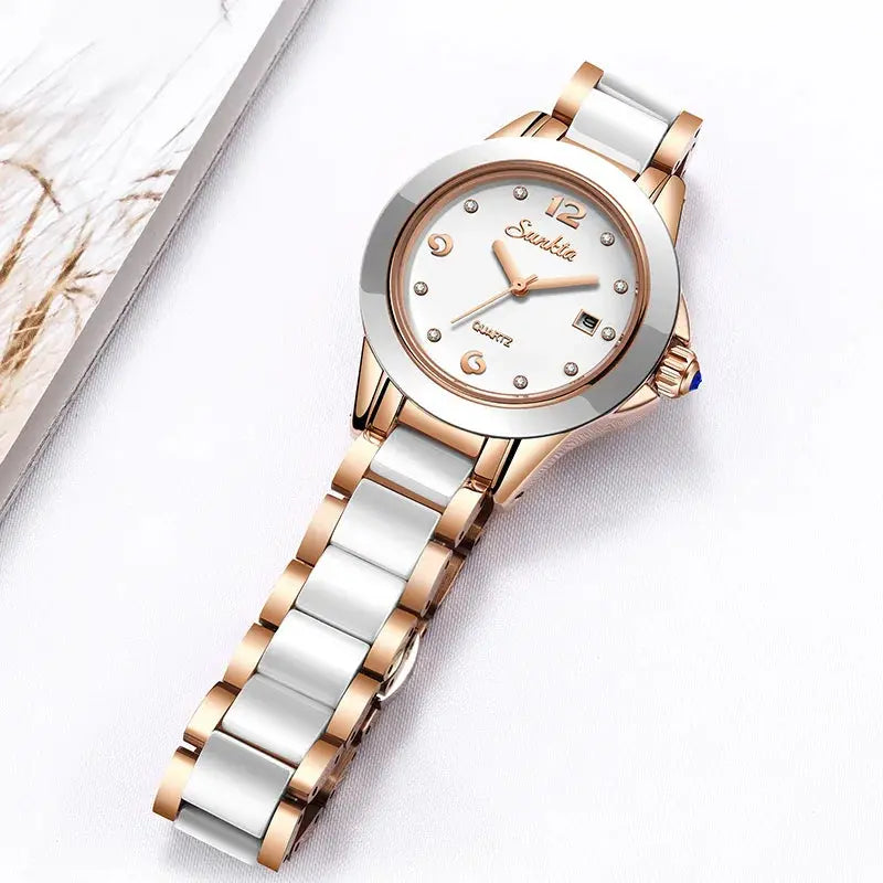 Sunkta Fashion Casual Quartz Woman Watch Elegant Luxury Ceramics Diamond Calendar Waterproof Ladies Women&