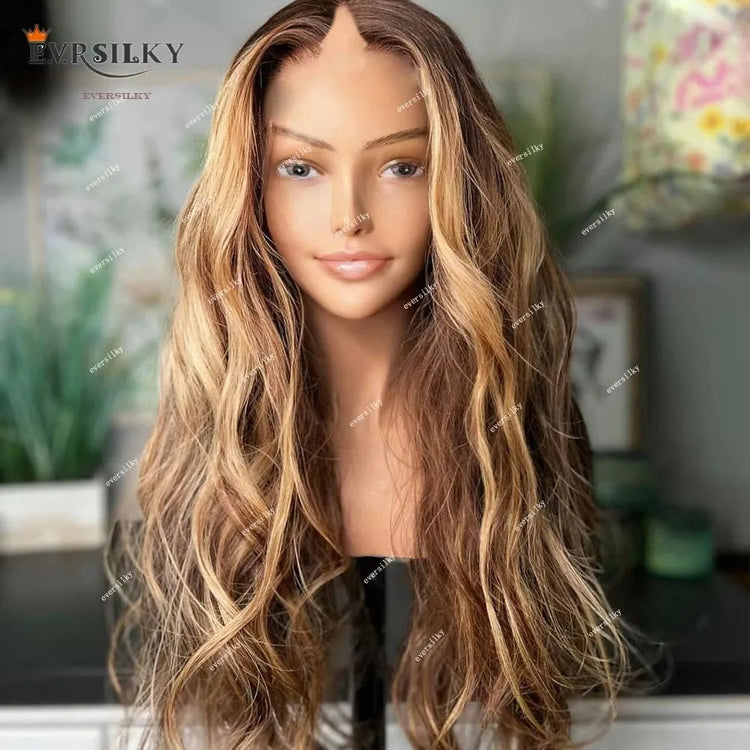 Highlights Honey Blonde Loose Wave V Part Wig 100% Human Hair Wig Ombre Chestnut Brown Body Wavy Cheap Full U Shape End 250% Khamik Shop Online