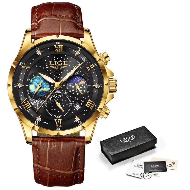 New  Mens Watch Luxury Moon Phase Waterproof Date Clock Casual Blue Leather Quartz Wristwatches Men Chronograph Reloj Hombre
